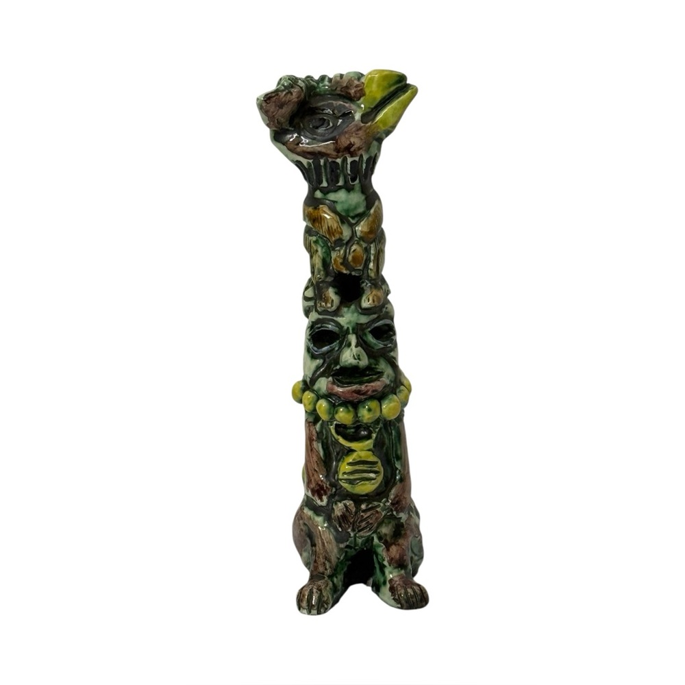 Handmade Ceramic Tiki Art Sculpture Multicolor Totem Impressed Makersβ Mark 9"